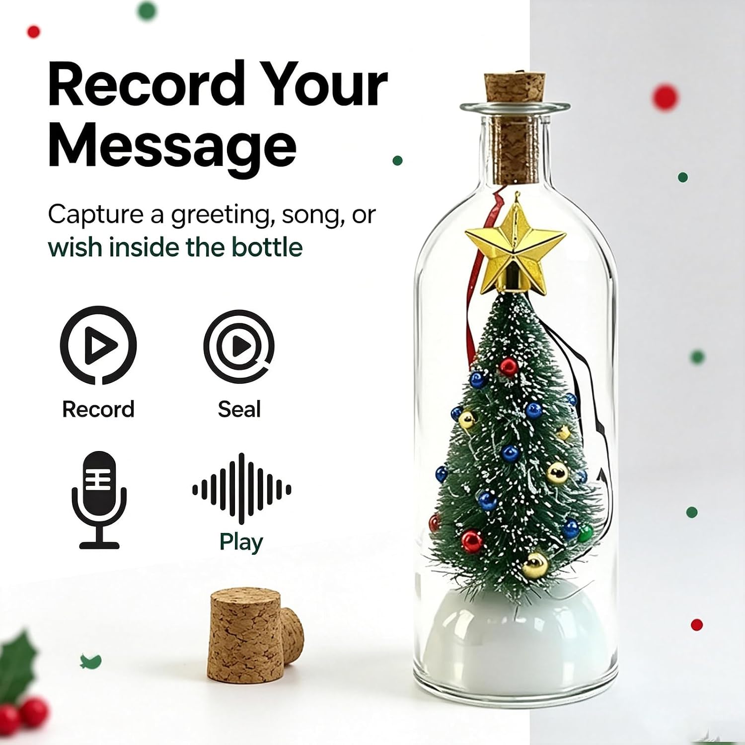 Recordable Christmas Tree Message in a Bottle Ornament with Playback | Voice Message Keepsake, Snow Scene Glass Bottle, Home Display, Christmas Decoration