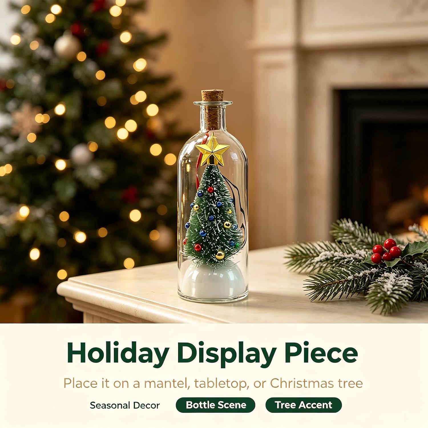 Recordable Christmas Tree Message in a Bottle Ornament with Playback | Voice Message Keepsake, Snow Scene Glass Bottle, Home Display, Christmas Decoration